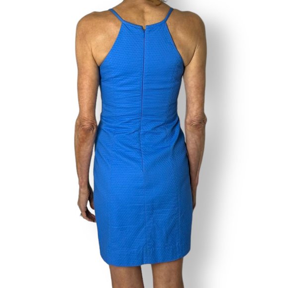 Lilly Pulitzer Pearl Sheath Lapis Blue Gold Lace Pique V Neck Dress Size 00 - Picture 5 of 9